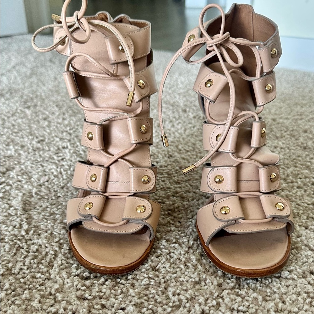 Coach Nude Leather Gladiator Sandals with Gold Details